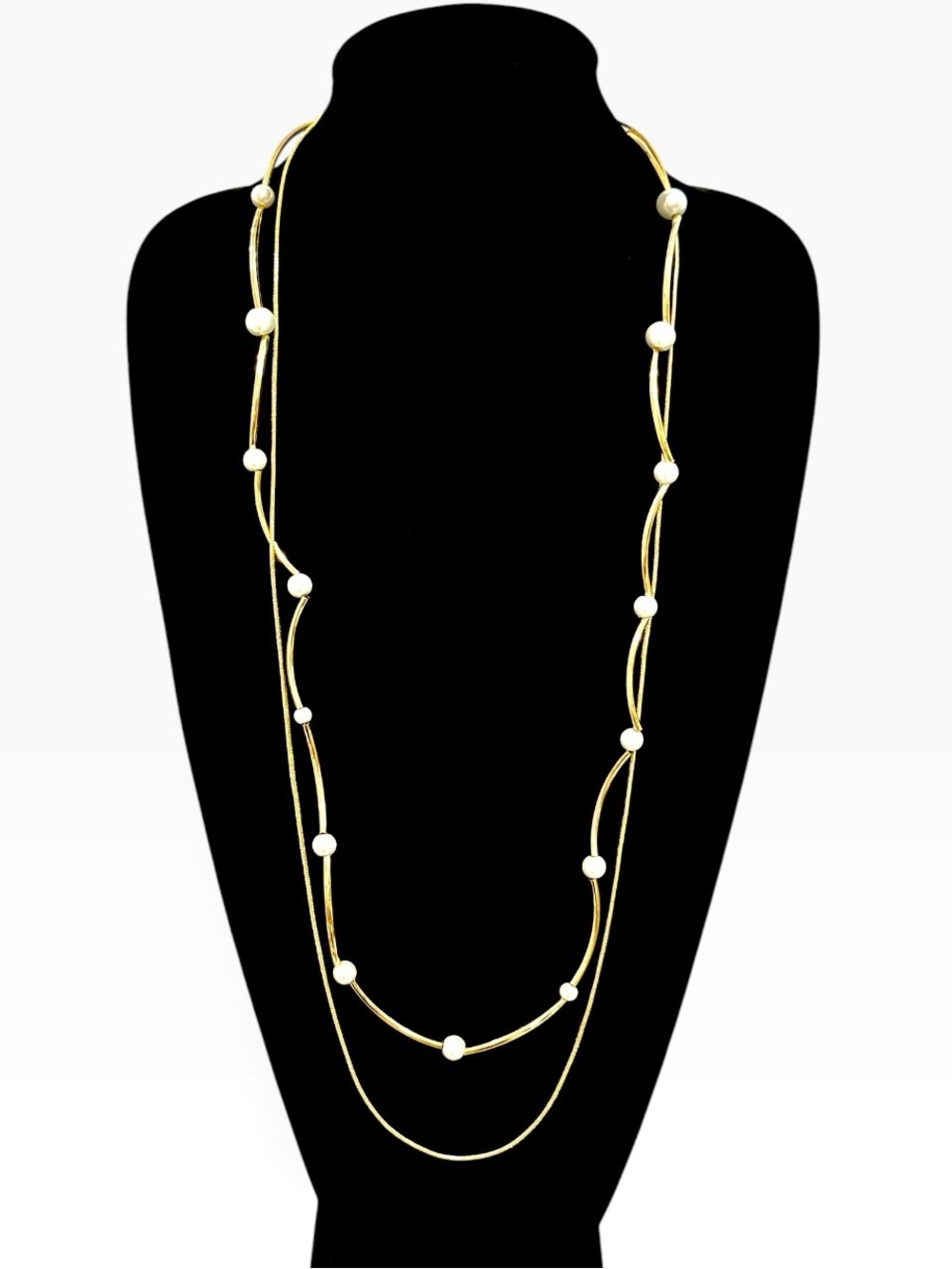 CHICO’S Layered Gold Tone Pearl Station Necklace 36” Signed